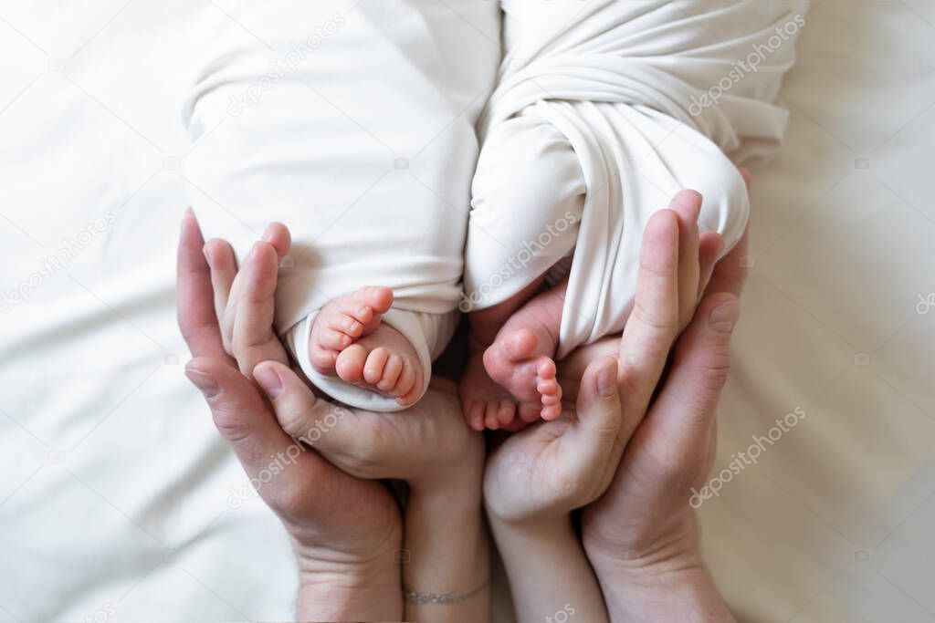 Mom and dad hands hold small legs of their two newborn twin babies.