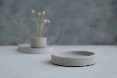 Boş kaide veya ürün kuru minimalist çiçeklerle beton podyum ve yeşil arka planda doğa yaprakları sergiliyor. Boşluğu kopyala.