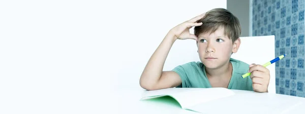 Zászlós. A mosolygós fiú a tankönyvvel házi feladatot csinál. Vissza a suliba. Boldog iskolásfiút. Távolsági tanulás. — Stock Fotó