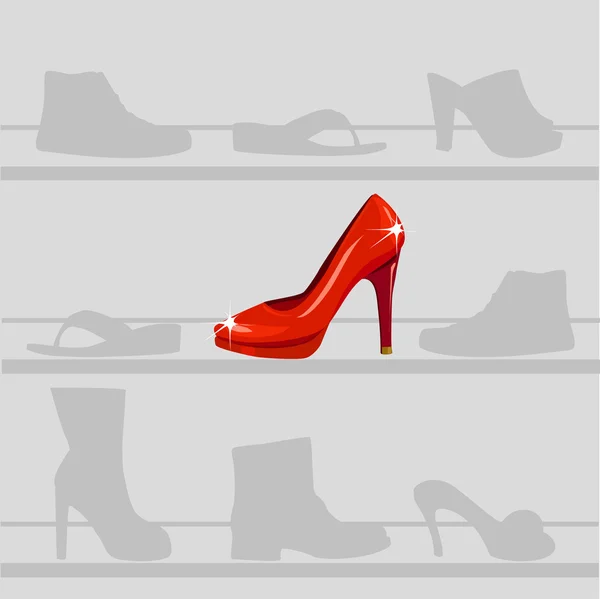 Röda skor på en bakgrund av grå sko — Stock vektor