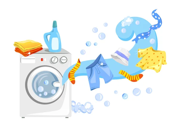 Een wasmachine en schone kleren — Stockvector