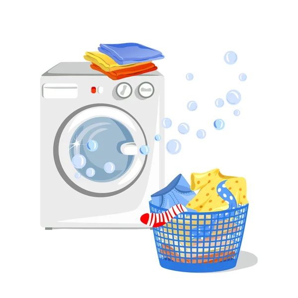 Máquina de lavar roupa e roupas limpas isolado —  Vetores de Stock