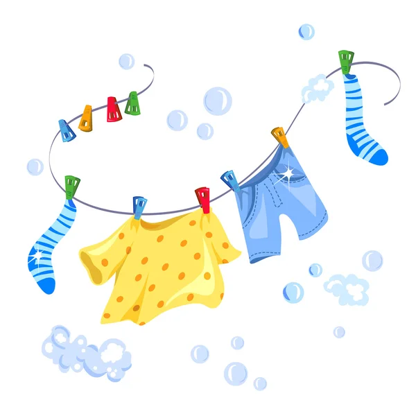 Wash clothes drying on a rope — Stock Vector