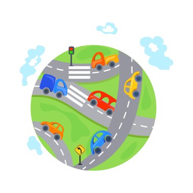 düz arabalar, dünya üzerindeki trafik. çizgi film simgesi