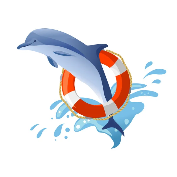 Saltando delfines. Boya salvavidas — Vector de stock