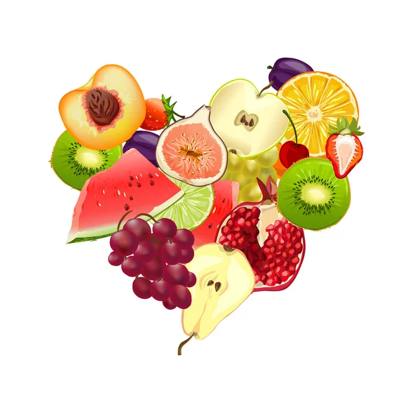 Meyveli kalp. farklı meyve karışımı — Stok Vektör
