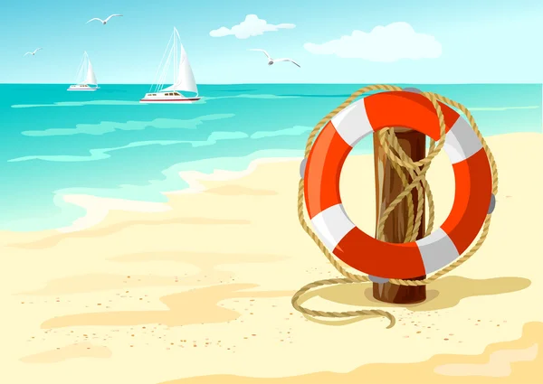 Lifebuoy on the beach. marine background — Stock Vector