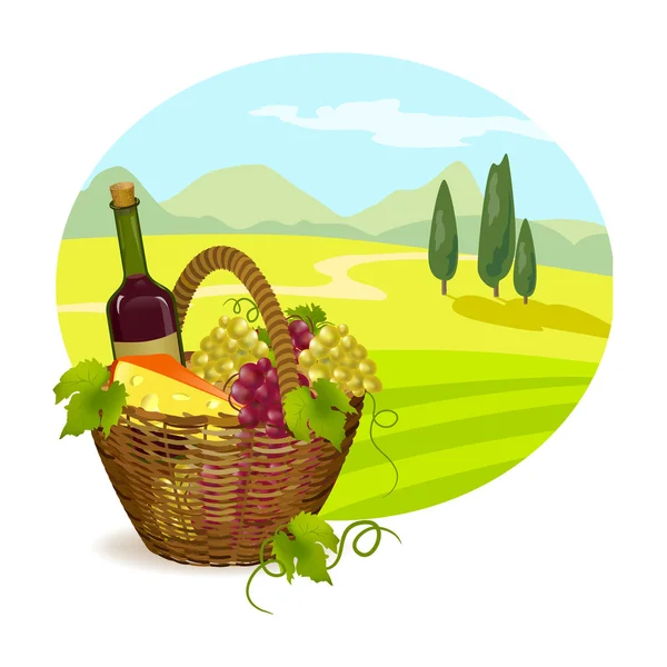 Rural Tuscan landscape with a branch of grapes — Stock Vector