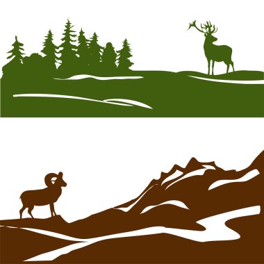 banner with the mountain landscape and forest, silhouette