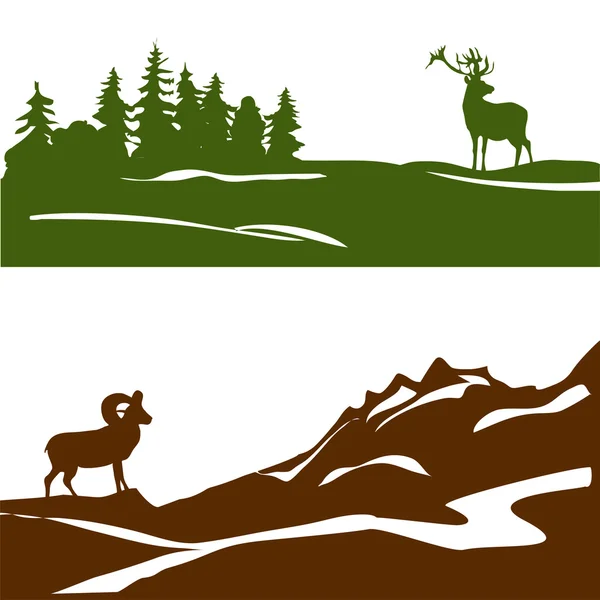 Bannière avec le paysage de montagne et la forêt, silhouette — Image vectorielle