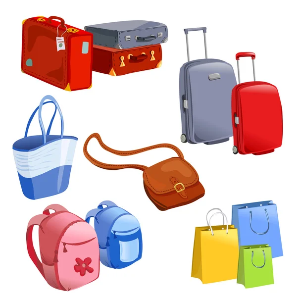 Conjunto de equipaje, maletas, mochilas, paquetes — Vector de stock