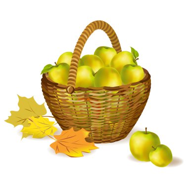 hasır sepet elma ve sonbahar yaprakları ile