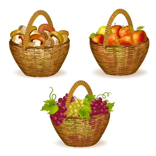 Set of wicker baskets with fruits, mushrooms — Stock Vector