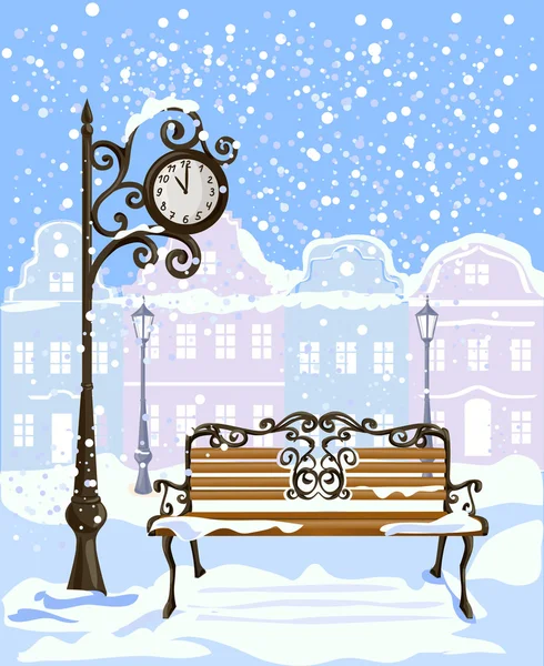 Vista de la ciudad de invierno con reloj de calle y banco — Vector de stock