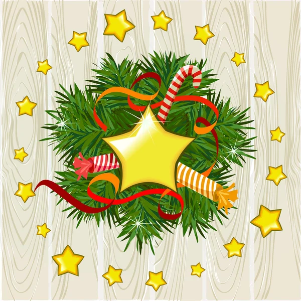 Ilustración de Navidad con una corona sobre un fondo de madera — Vector de stock