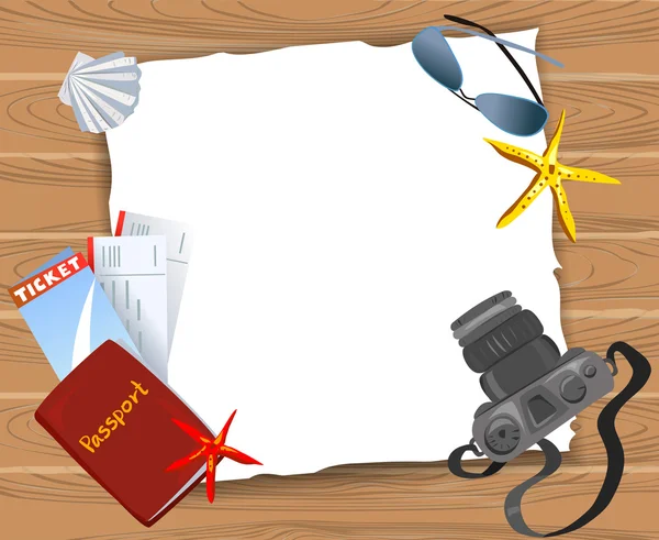 Card with travel items on a wooden background — Stock Vector