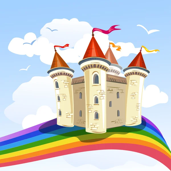 Castillo de cuento de hadas en las nubes y un arco iris — Vector de stock