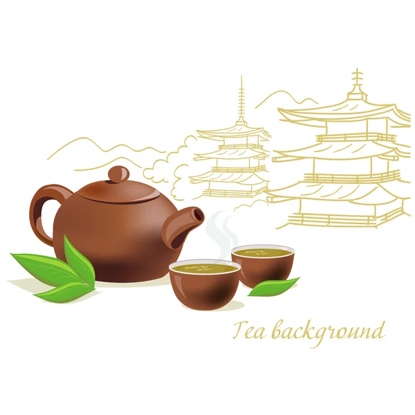 Tea, teáskanna és csészék és Japán építészet — Stock Vector