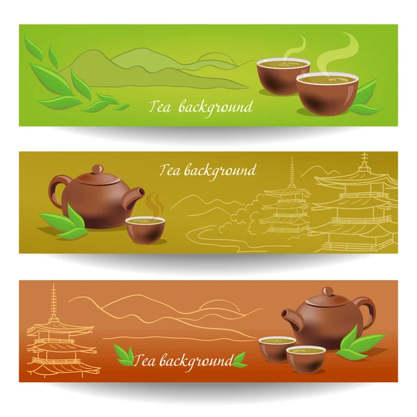 Banners met thee, theepot en bekers — Stockvector