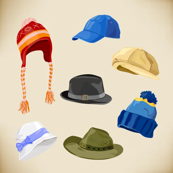 Ensemble de différents styles de chapeaux — Image vectorielle