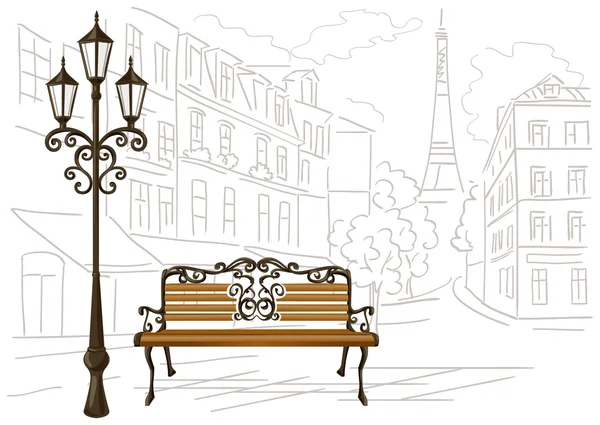 Dibujo en línea de París, un banco y una linterna — Vector de stock