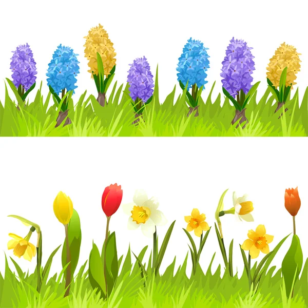 Banner mit Frühlingsblumen, Tulpen, Narzissen und Hyazinthen — Stockvektor