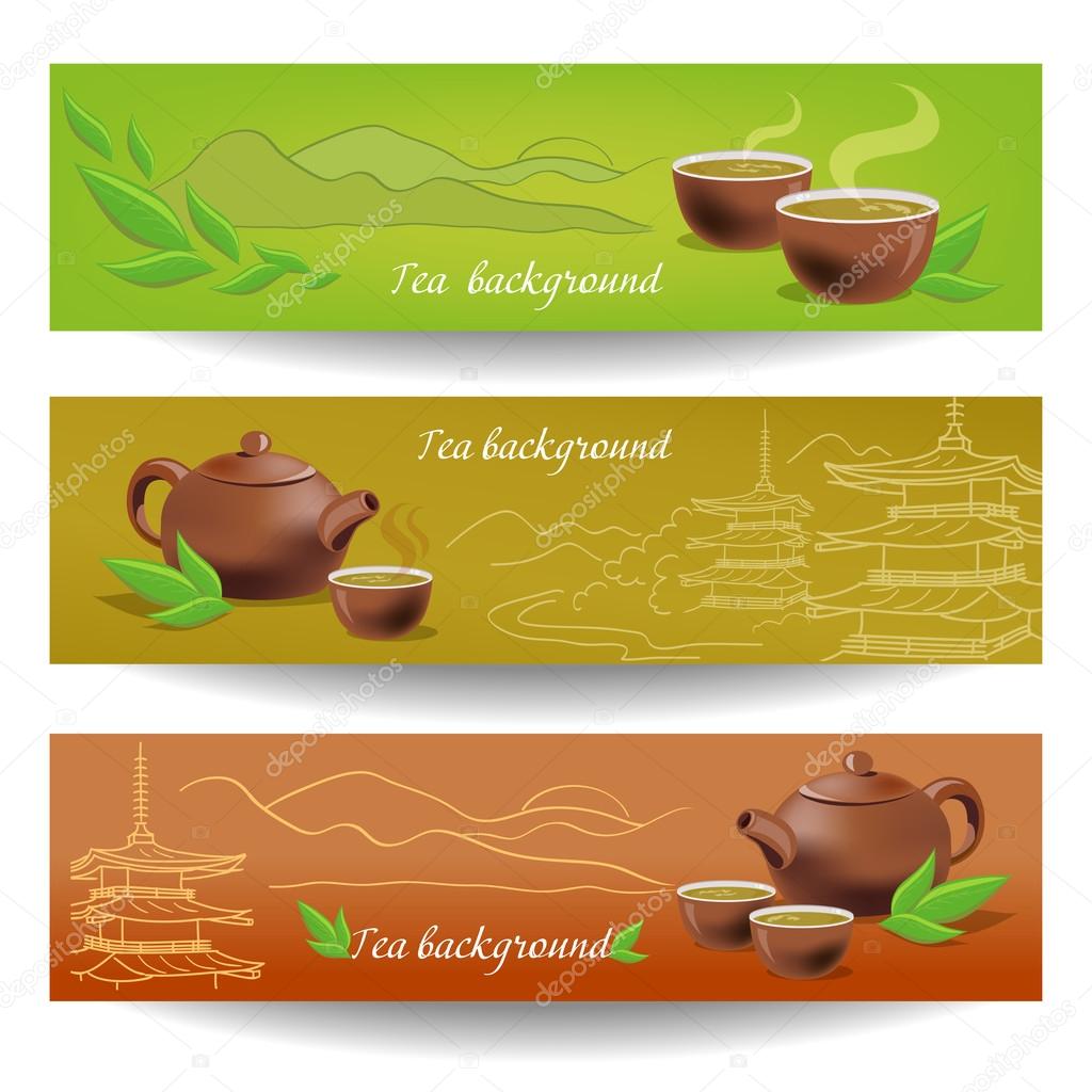 banners with tea, teapot and cups