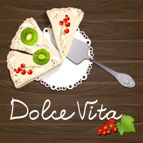 Dolce Vita. bolos com frutas no fundo de madeira —  Vetores de Stock