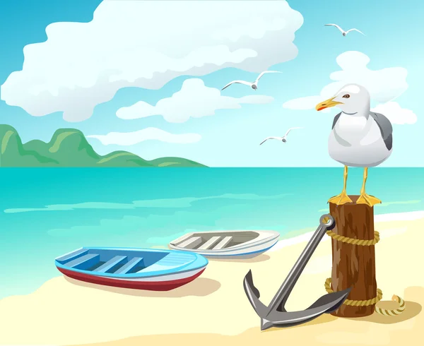 海鸥和在海滩上的小船 矢量图形