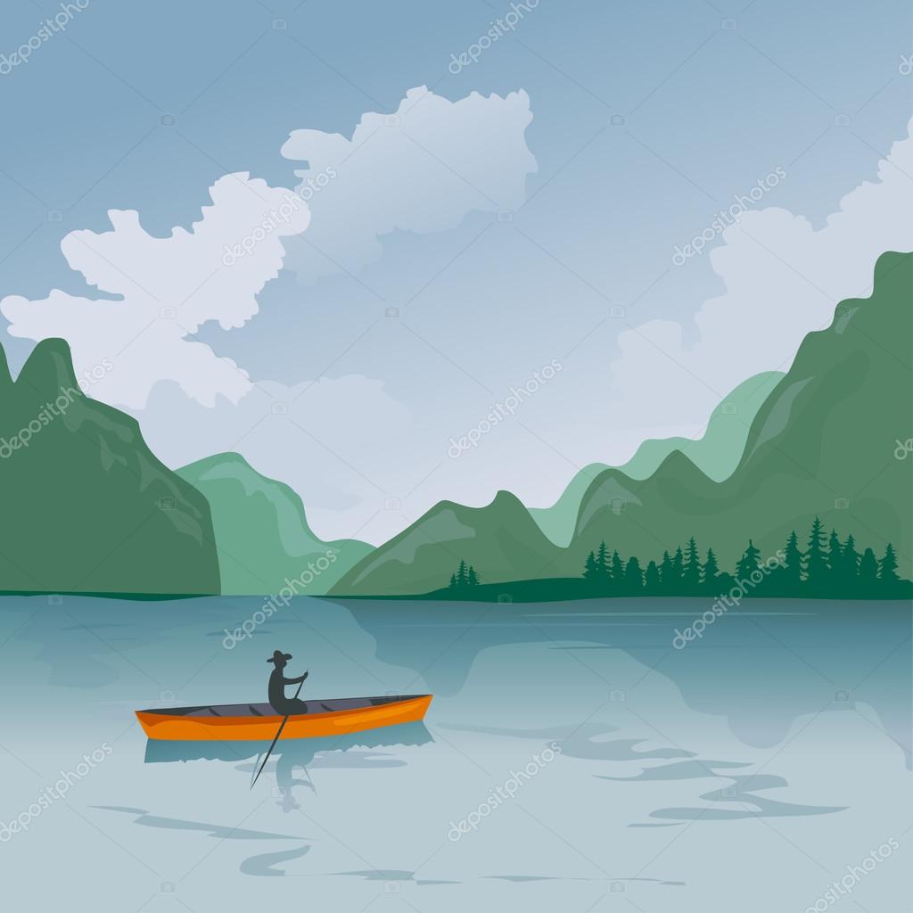 Kayak in a mountain lake. vector illustration