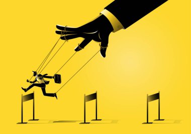 İş adamı siluetini kontrol eden bir kukla ustasının çizimi engelleri aşıyor ve koşuyor.