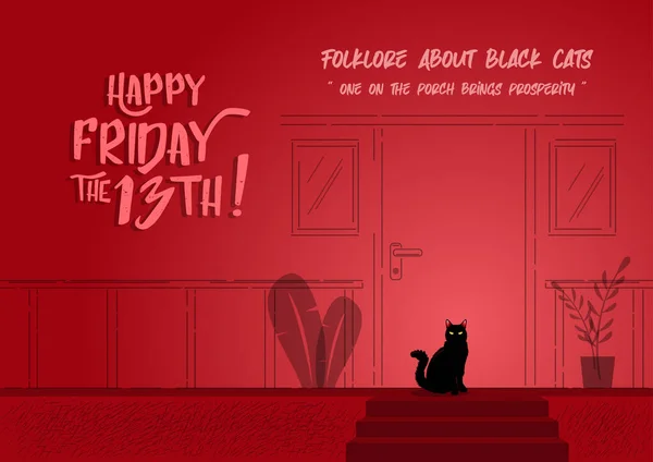 Ilustración Gato Negro Sentado Porche Una Casa Sobre Fondo Rojo — Vector de stock