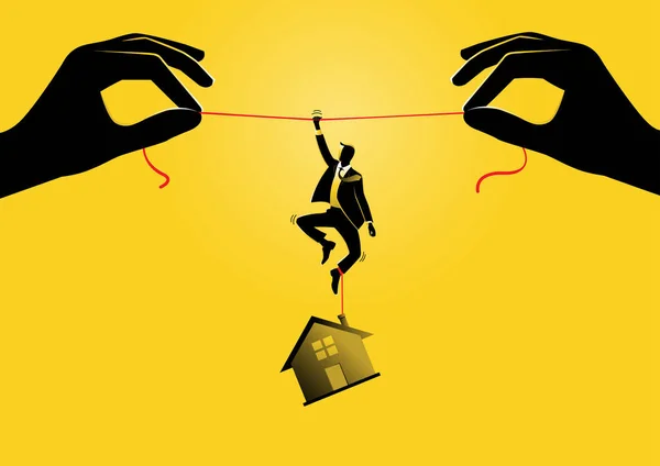 Illustration Homme Affaires Suspendu Une Corde Avec Une Maison Suspendue — Image vectorielle