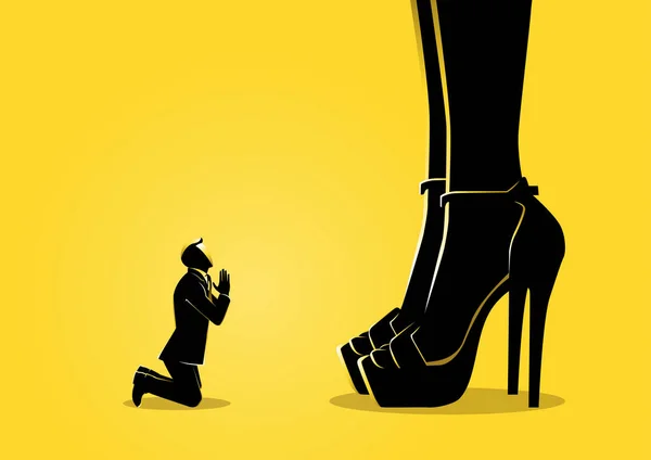 Illustration Homme Affaires Prosterné Sous Pied Féminin — Image vectorielle