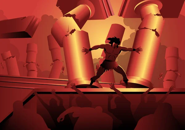 Samson 'ın, tapınağın sütunları arasında durup onları birbirinden ittiği bir tasviri. İncil Dizileri