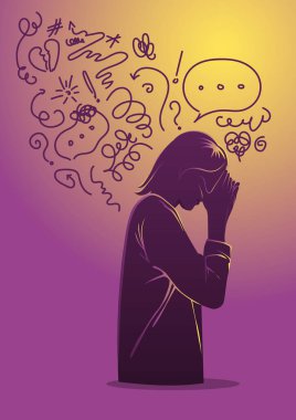 Depresyondan muzdarip bir kadın, yüzü umutsuzca kapanıyor, karmaşık sorunları çözmeye çalışıyor.