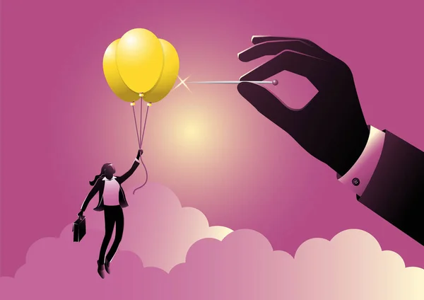 Empresária Voando Balão Ideia Mão Segura Agulha Pronta Para Perfurar — Vetor de Stock