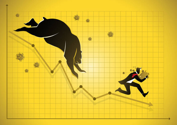 A scared businessman with piggy bank running from virus and stock market