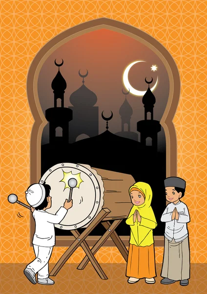 Niños musulmanes indonesios en la mezquita — Vector de stock