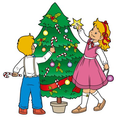 Dekoratif bir Noel ağacı ve çocuklar