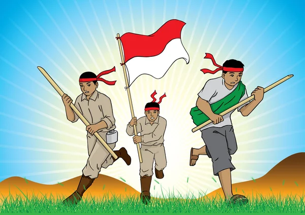 Indonesian group of soldiers on the field — Stock Vector