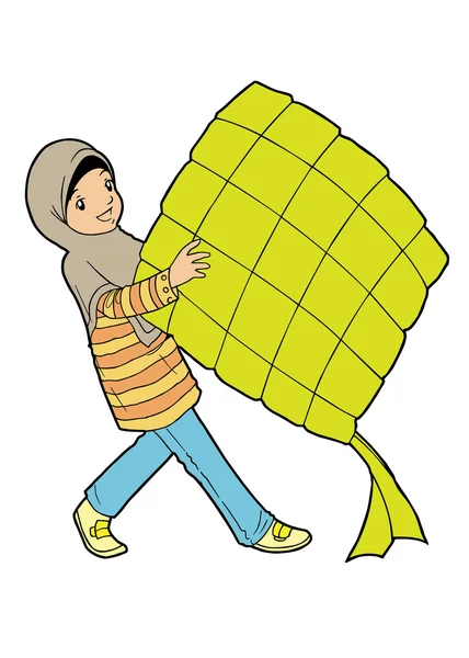 Fille musulmane avec gros ketupat — Image vectorielle