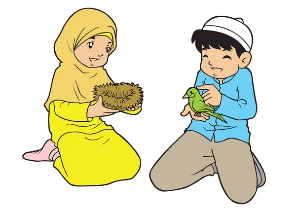 Muslim kids with bird — Stock Vector