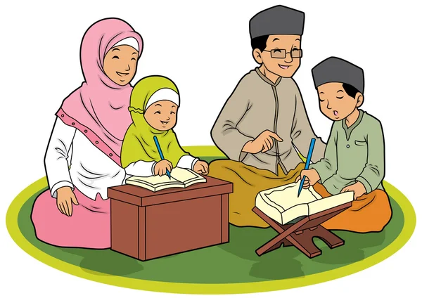 Familia indonesia musulmán aprendizaje Corán — Vector de stock