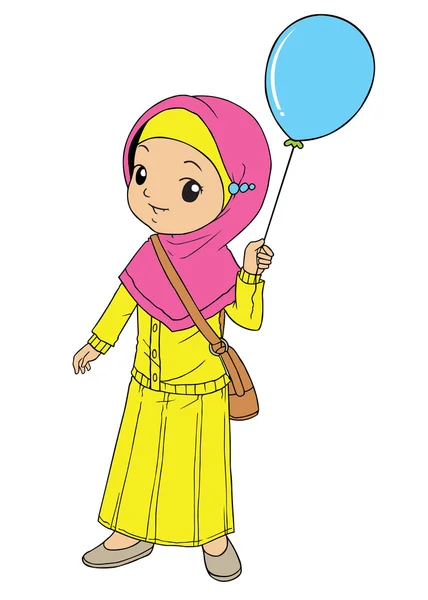 Muslim Asia gadis memegang balon biru - Stok Vektor