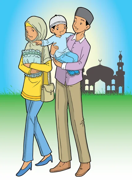 アジアのイスラム教徒の家族やシルエットのモスク — ストックベクタ