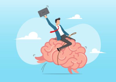 An illustration of a businessman riding a large human brain like a rodeo bull, holding a briefcase and looking confident. Symbolizes creativity, innovation, intelligence, and control over ones mind or ideas