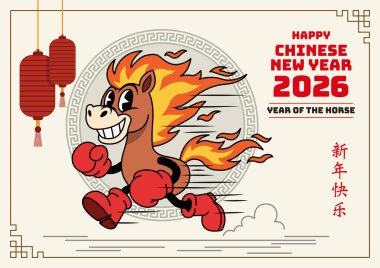 Çin Yeni Yılı 'nı, Ateş Atı Yılı' nı, yani 2026 'yı kutlayan retro-stil karikatür çizimleri. Dinamik, neşeli bir at maskotu, akıcı, ateşli yelesi ve kuyruğu olan, kırmızı boks stili eldivenler ve çizmeler giyen,