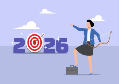 2026 hedef hedefine ulaşan bir iş kadınının çizimi. Yıl 2026 hedef, iş meydan okuma hedefi, yeni yıl başarı tutkusu, kişisel başarı hedef kavramı