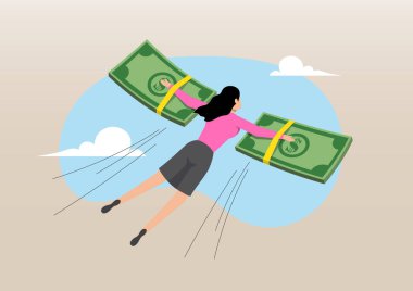 Profesyonel bir iş kadınının bulutlarla mavi gökyüzünde süzülürken büyük yeşil dolar banknotlarını kanat olarak kullanmasının bir örneği.